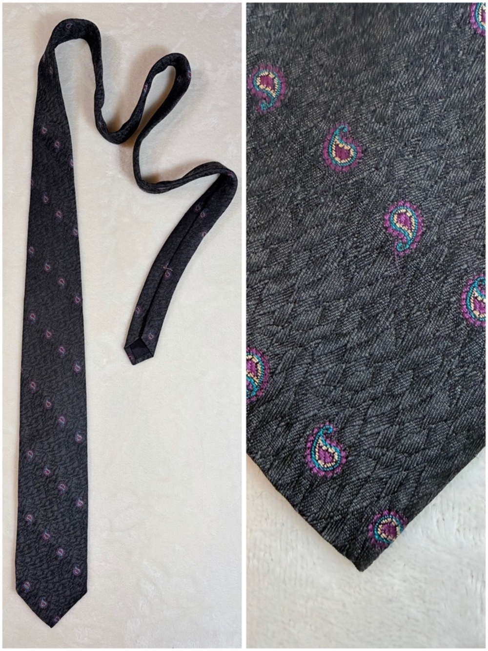 Ferrell Reed Men's Paisley Gray Purple Blue Silk Wool Handmade Woven Classic Tie